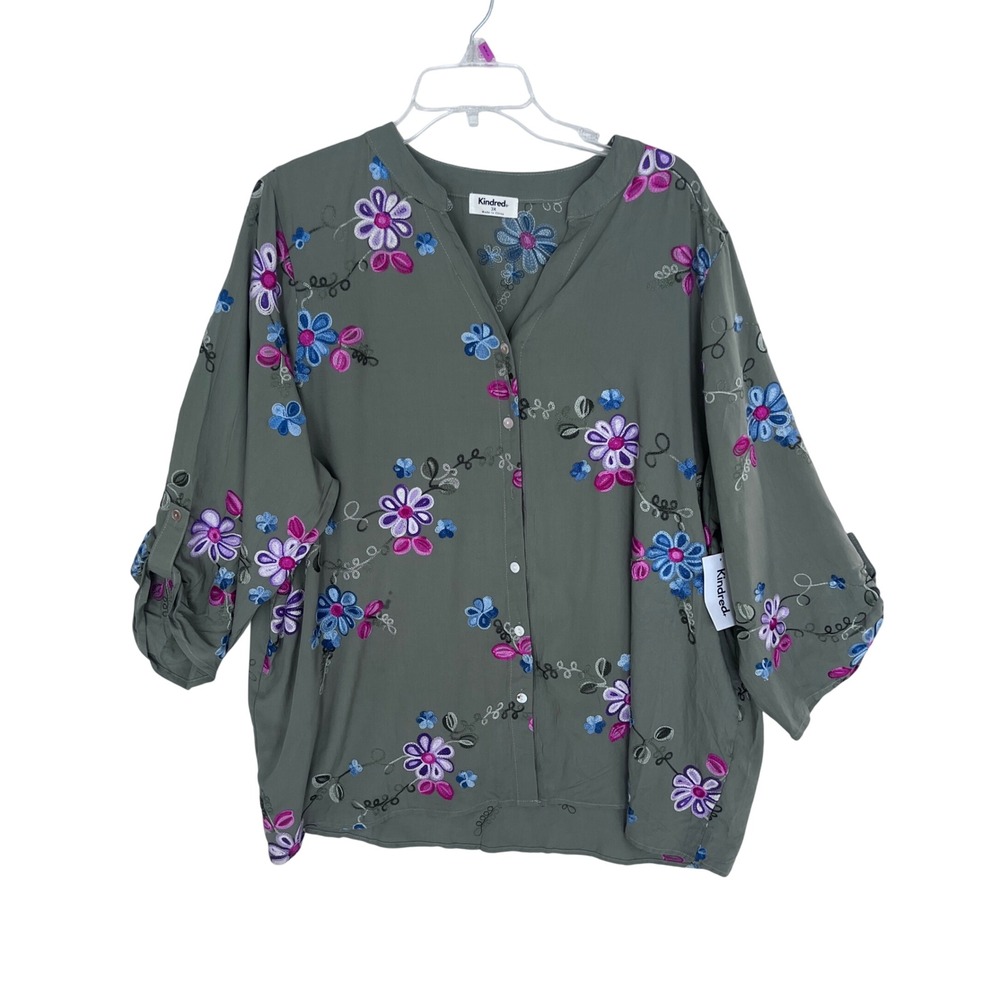 Kindred Women Olive Green Floral Embroidered Roll Tab Sleeve Blouse 3X Rayon NWT